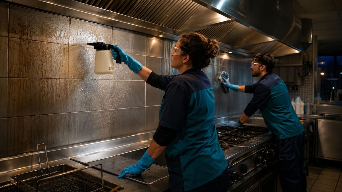 Dégraissage de nuit d’une cuisine professionnelle : hotte, crédence carrelée et piano de cuisson
