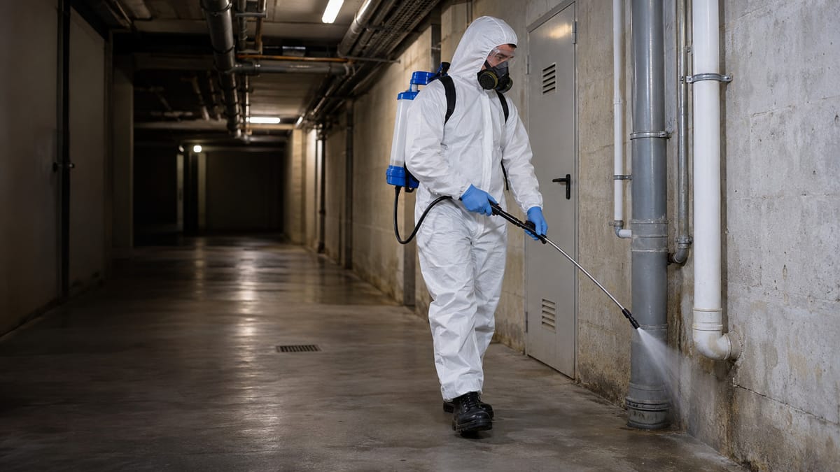 Technicien en combinaison et masque respiratoire traitant le pied des canalisations dans le sous-sol d’un immeuble d’Île-de-France