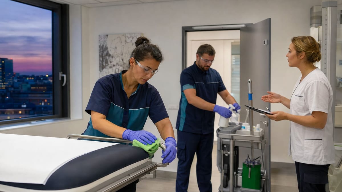 Désinfection d’un cabinet médical : table d’examen, chariot de produits et échange avec la praticienne