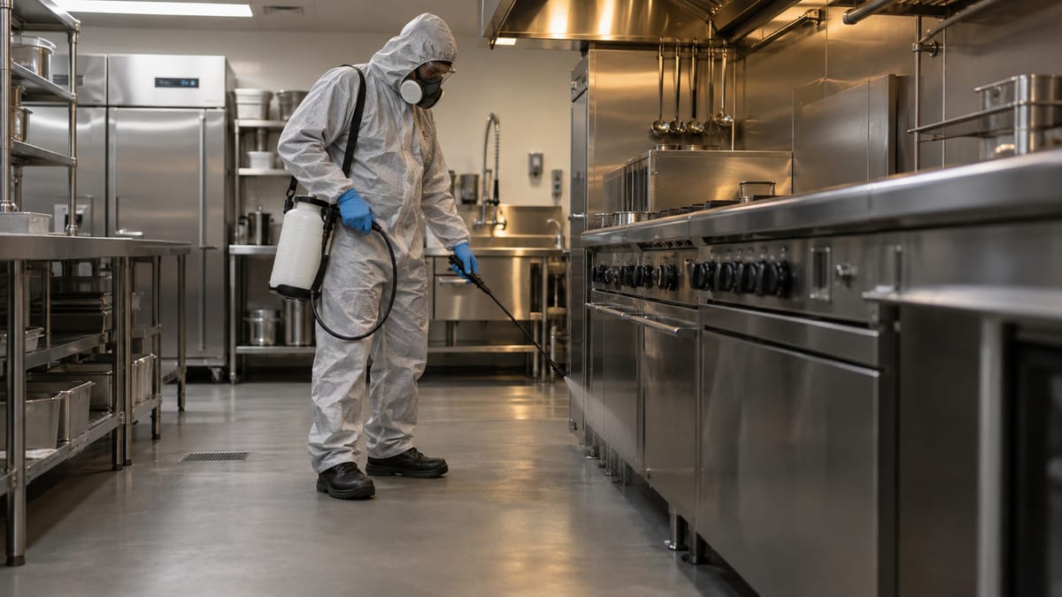 Désinsectisation d’une cuisine professionnelle de restaurant : pulvérisation ciblée le long des équipements en inox