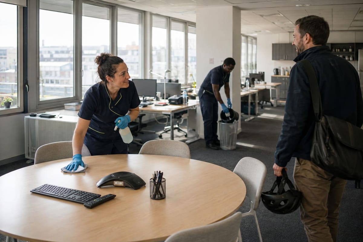 Entretien d’un open space : désinfection d’une table de réunion et vidage des corbeilles par deux agents