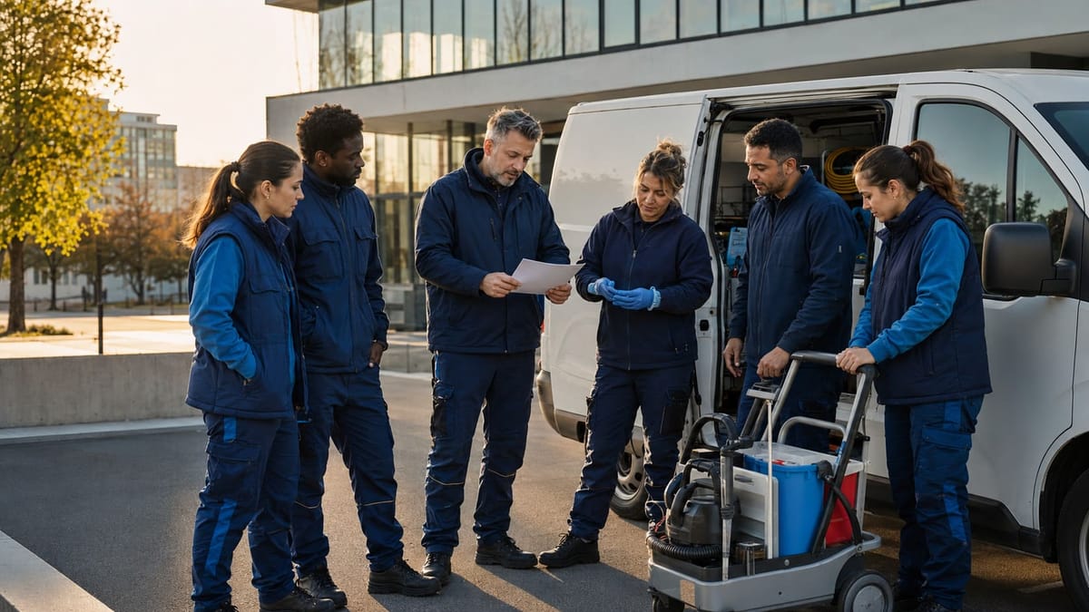 Équipe de General Entreprise de Nettoyage en briefing devant le véhicule d’intervention, matériel prêt