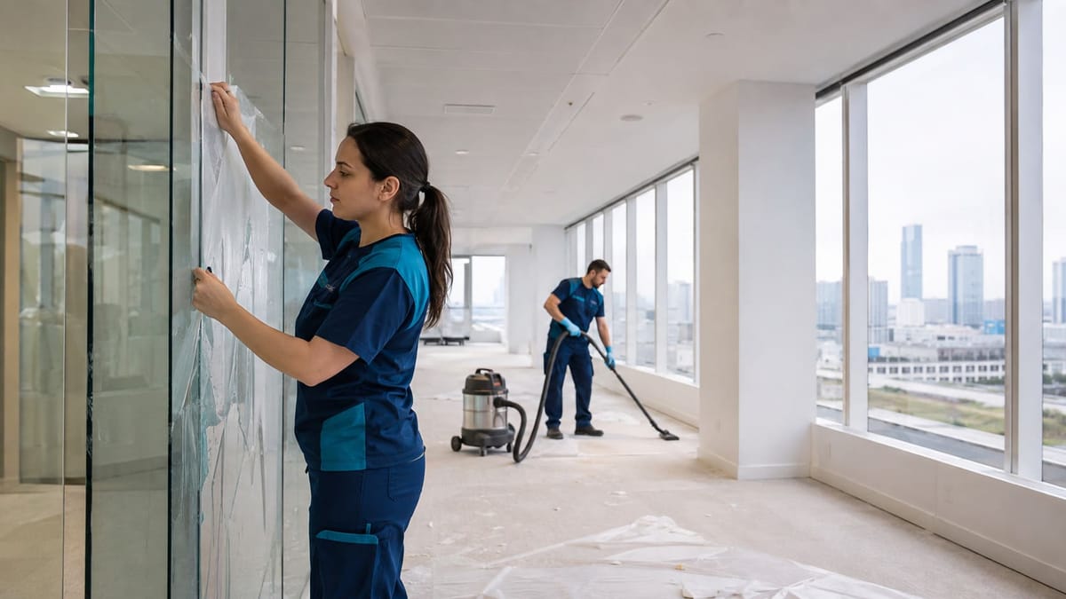 Nettoyage de fin de chantier d’un plateau de bureaux neuf : retrait des films de protection et aspiration des sols