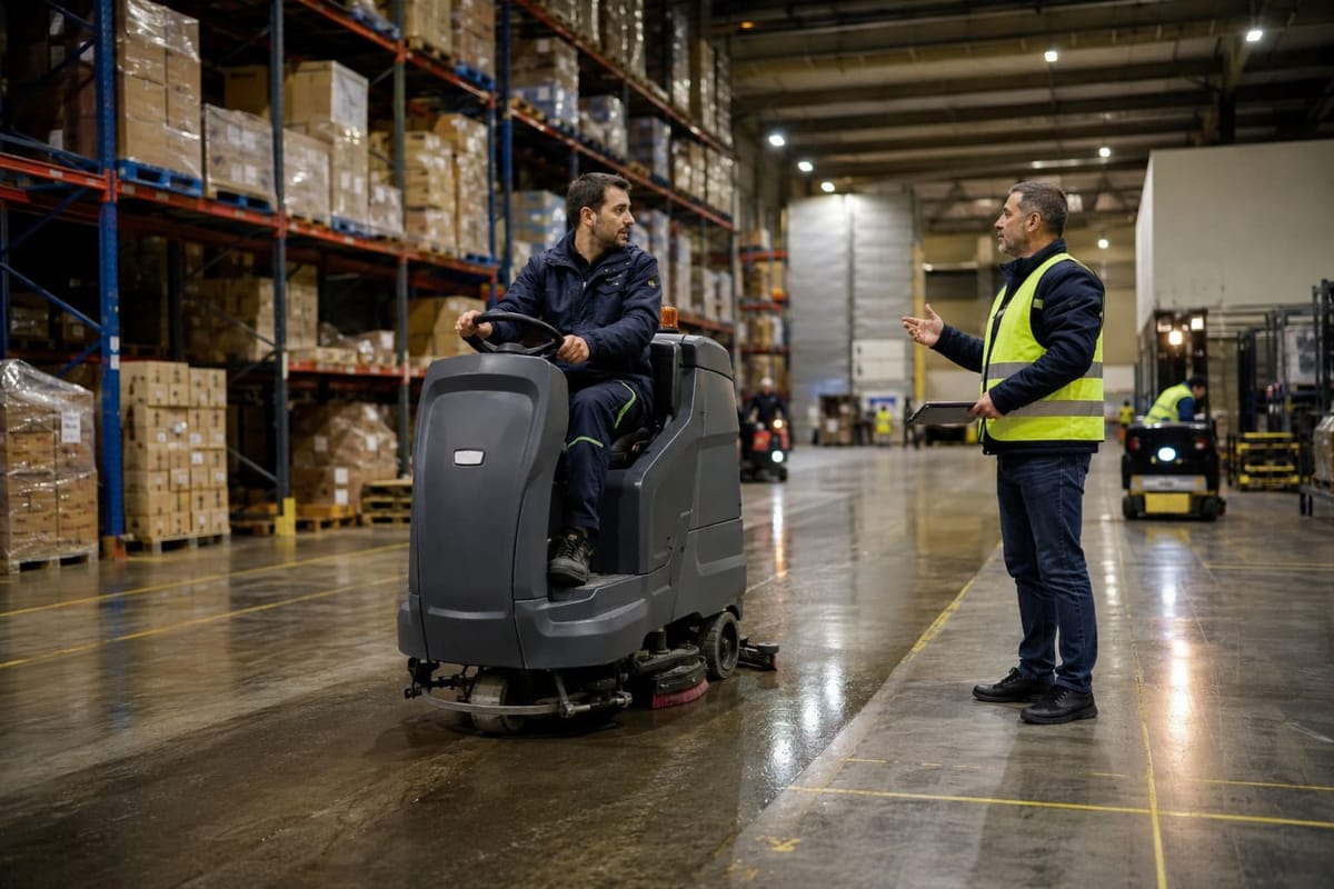 Nettoyage industriel d’un entrepôt logistique à l’autolaveuse autoportée par General Nettoyage
