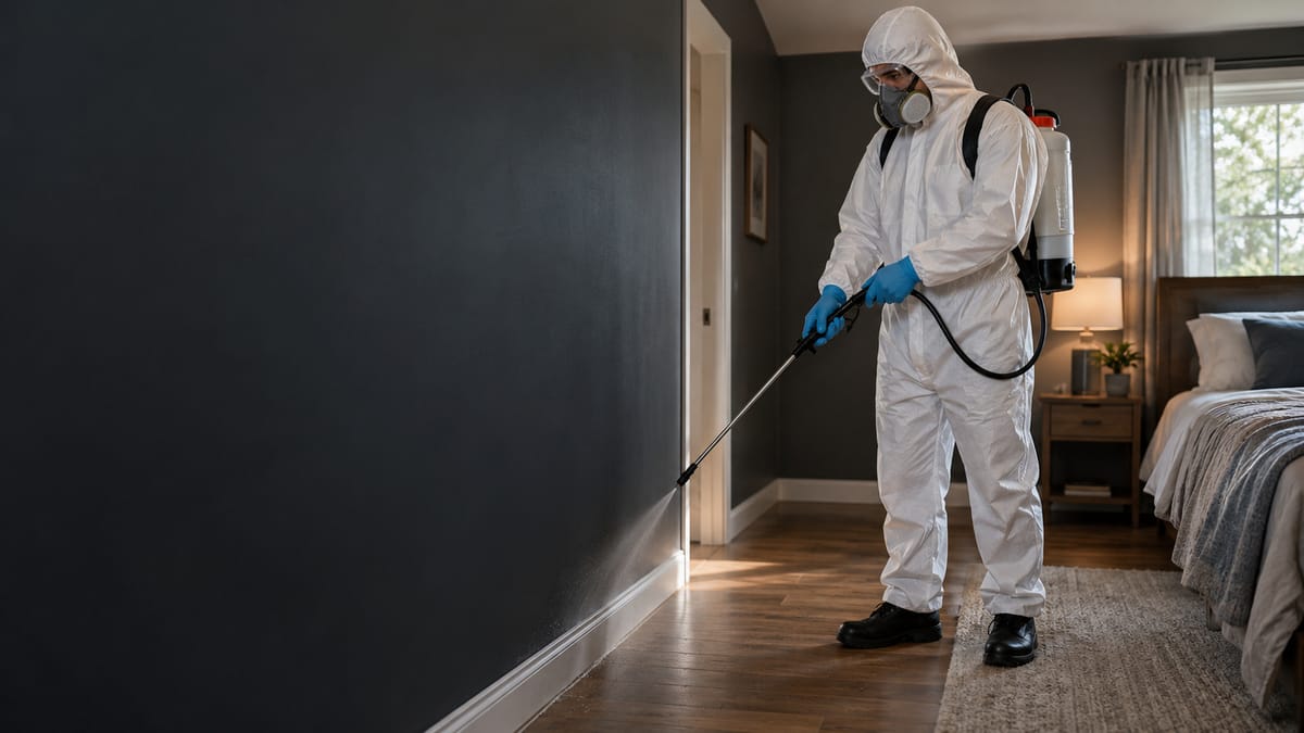 Traitement contre les punaises de lit dans une chambre : pulvérisation des plinthes au pulvérisateur à dos