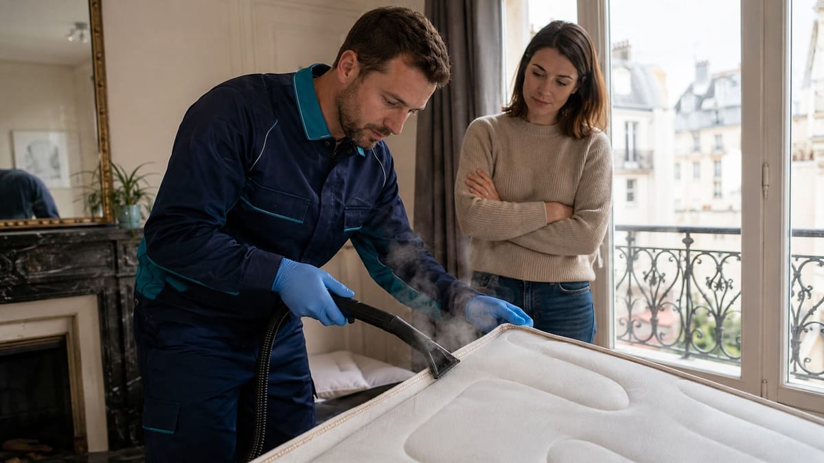 Traitement d’un matelas à la vapeur sèche contre les punaises de lit dans un appartement haussmannien